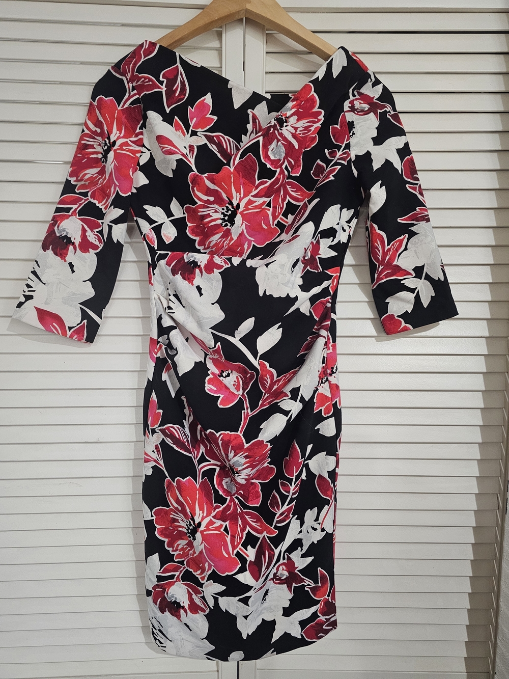 White House Black Market Black Midi Dress with Red & White Floral Print